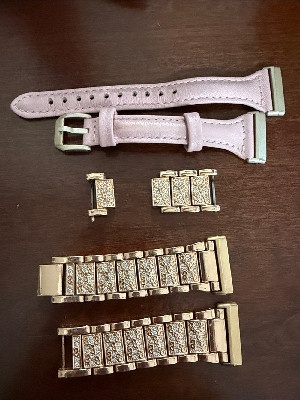 Interchangeable Pink Leather & Rose Gold Watch Bands with Crystal Links